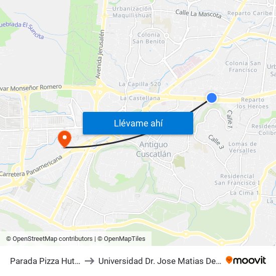 Parada Pizza Hut Proceres to Universidad Dr. Jose Matias Delgado Campus I map