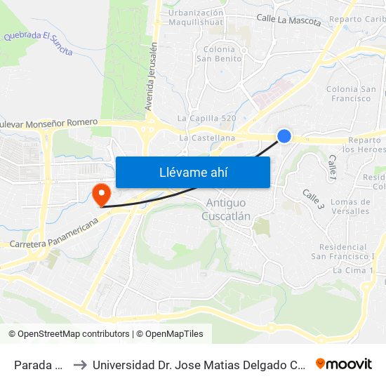 Parada Uca to Universidad Dr. Jose Matias Delgado Campus I map