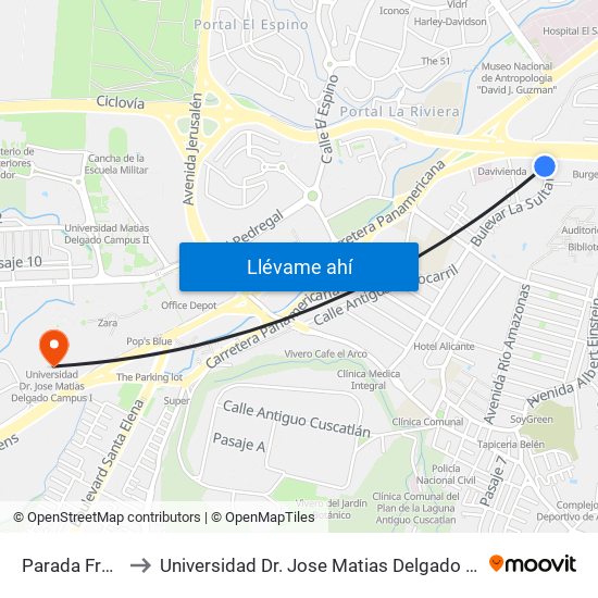 Parada Freund to Universidad Dr. Jose Matias Delgado Campus I map