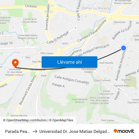 Parada Peatonal to Universidad Dr. Jose Matias Delgado Campus I map