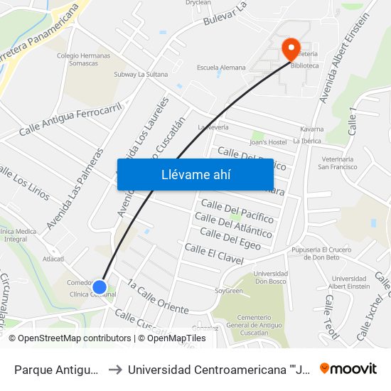 Parque Antiguo Cusctlán to Universidad Centroamericana ""José Simeon Cañas"" map