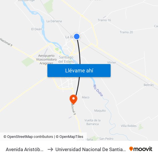 Avenida Aristóbulo Del Valle, 491 to Universidad Nacional De Santiago Del Estero Sede El Zanjon map