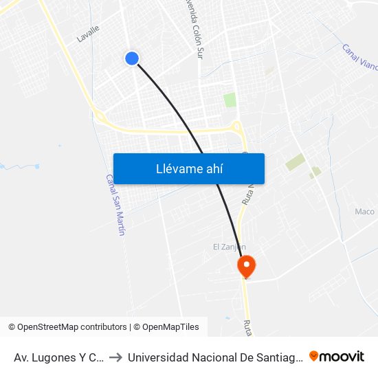 Av. Lugones Y Calle Chazarreta to Universidad Nacional De Santiago Del Estero Sede El Zanjon map