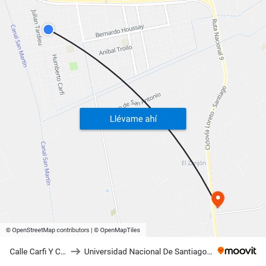 Calle Carfi Y Calle Ocampo to Universidad Nacional De Santiago Del Estero Sede El Zanjon map