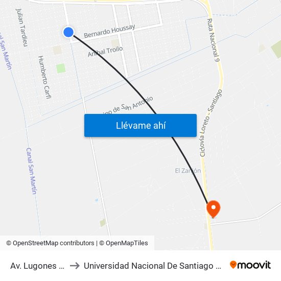 Av. Lugones Y Calle Arlt to Universidad Nacional De Santiago Del Estero Sede El Zanjon map