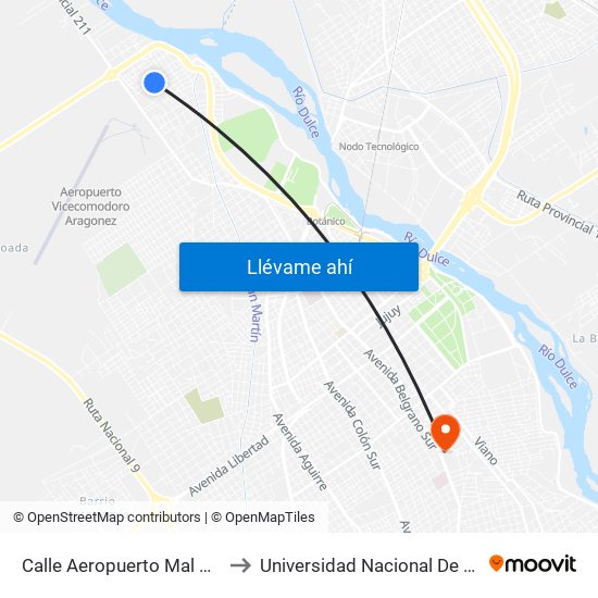 Calle Aeropuerto Mal Paso Y Calle Botta to Universidad Nacional De Santiago Del Estero map