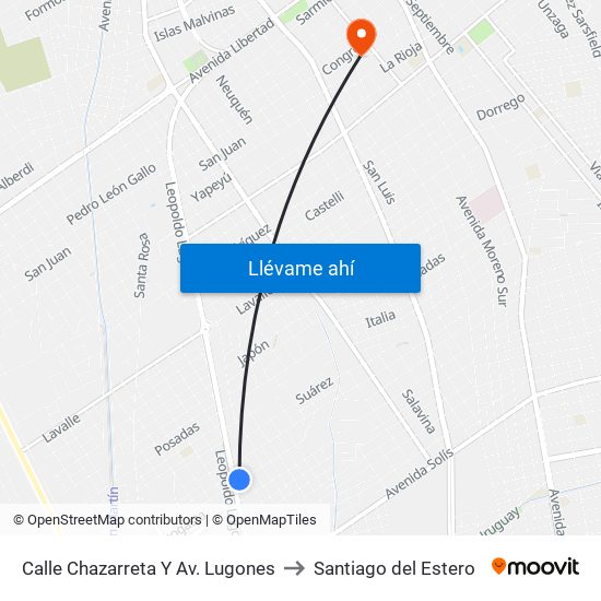 Calle Chazarreta Y Av. Lugones to Santiago del Estero map