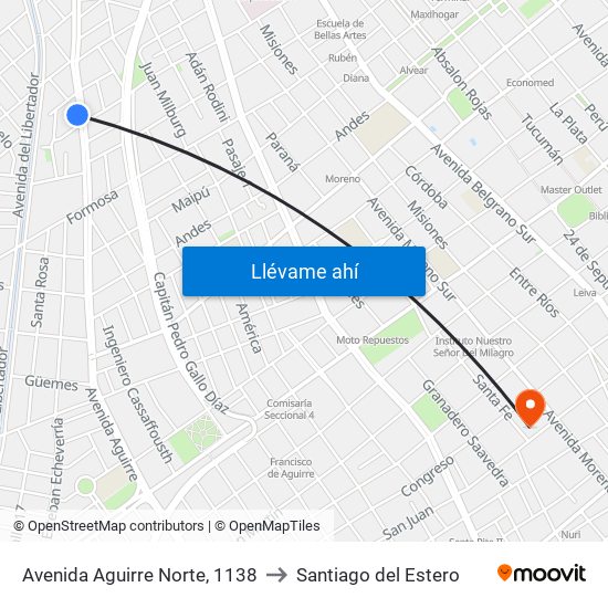 Avenida Aguirre Norte, 1138 to Santiago del Estero map