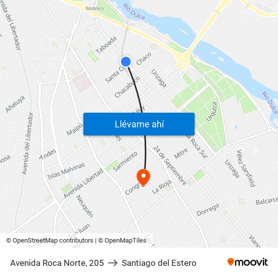 Avenida Roca Norte, 205 to Santiago del Estero map