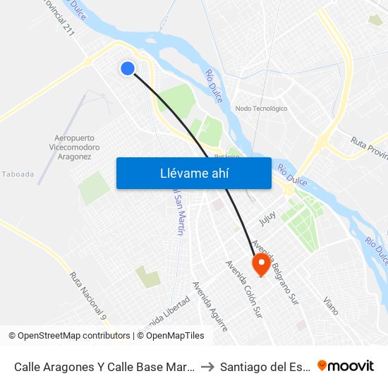 Calle Aragones Y Calle Base Marambio to Santiago del Estero map