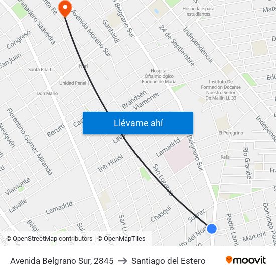 Avenida Belgrano Sur, 2845 to Santiago del Estero map