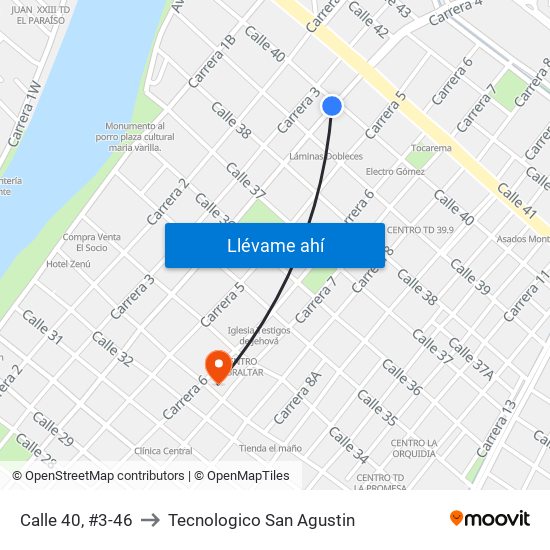 Calle 40, #3-46 to Tecnologico San Agustin map