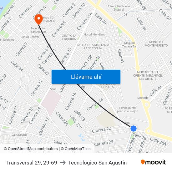 Transversal 29, 29-69 to Tecnologico San Agustin map