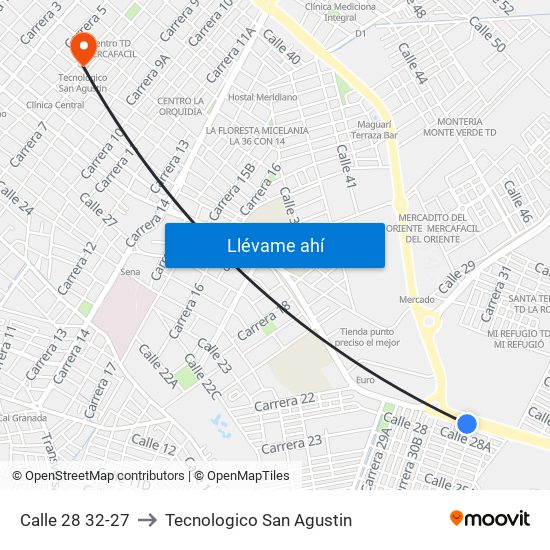 Calle 28 32-27 to Tecnologico San Agustin map