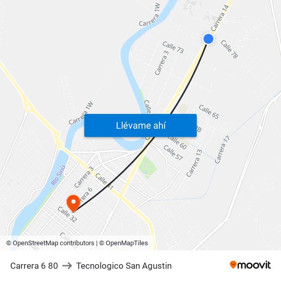 Carrera 6 80 to Tecnologico San Agustin map