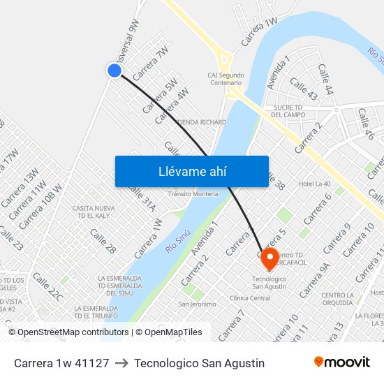 Carrera 1w 41127 to Tecnologico San Agustin map