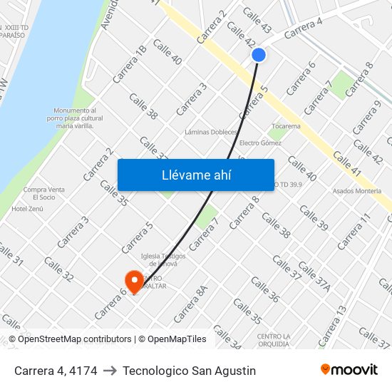 Carrera 4, 4174 to Tecnologico San Agustin map
