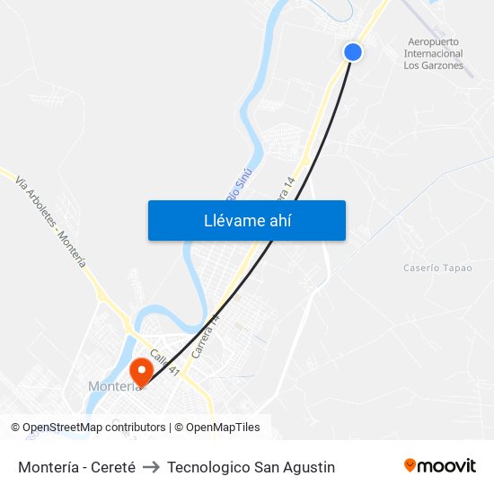 Montería - Cereté to Tecnologico San Agustin map