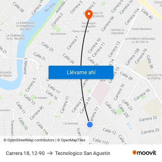 Carrera 18, 12-90 to Tecnologico San Agustin map