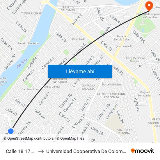 Calle 18 1717 to Universidad Cooperativa De Colombia map