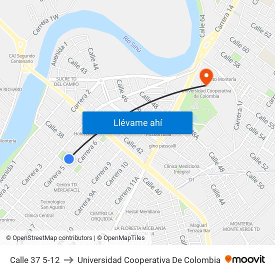 Calle 37 5-12 to Universidad Cooperativa De Colombia map