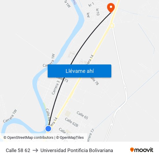 Calle 58 62 to Universidad Pontificia Bolivariana map
