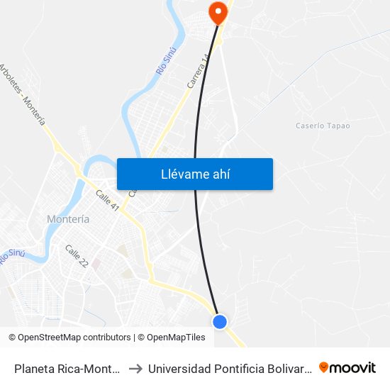 Planeta Rica-Monteria to Universidad Pontificia Bolivariana map