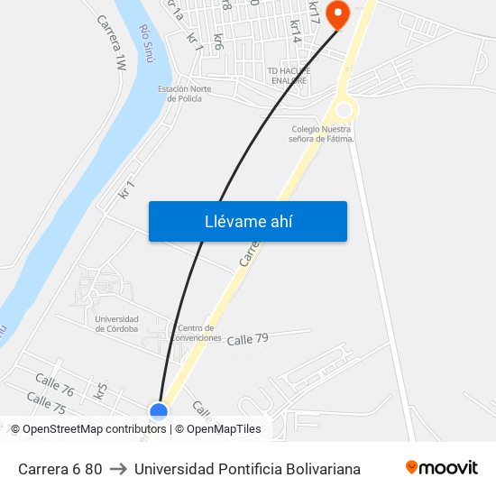 Carrera 6 80 to Universidad Pontificia Bolivariana map