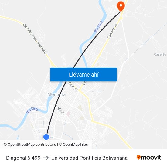 Diagonal 6 499 to Universidad Pontificia Bolivariana map