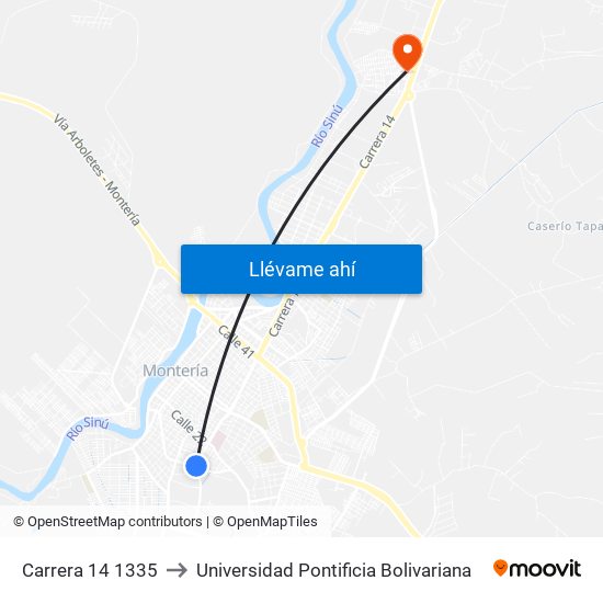 Carrera 14 1335 to Universidad Pontificia Bolivariana map