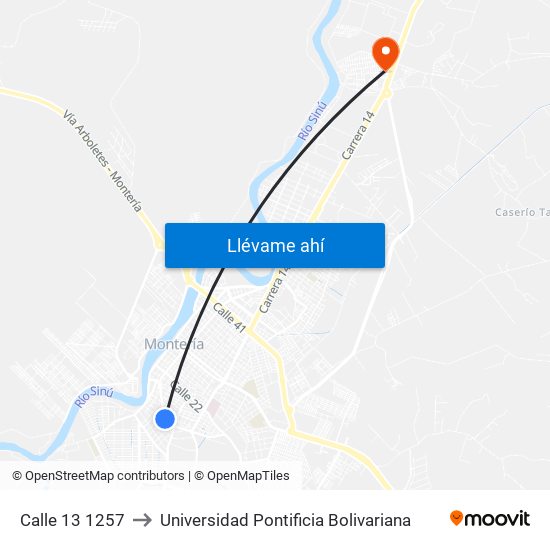 Calle 13 1257 to Universidad Pontificia Bolivariana map