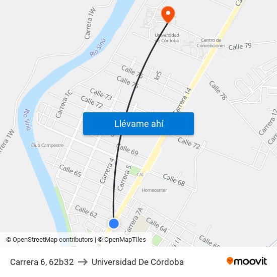 Carrera 6, 62b32 to Universidad De Córdoba map
