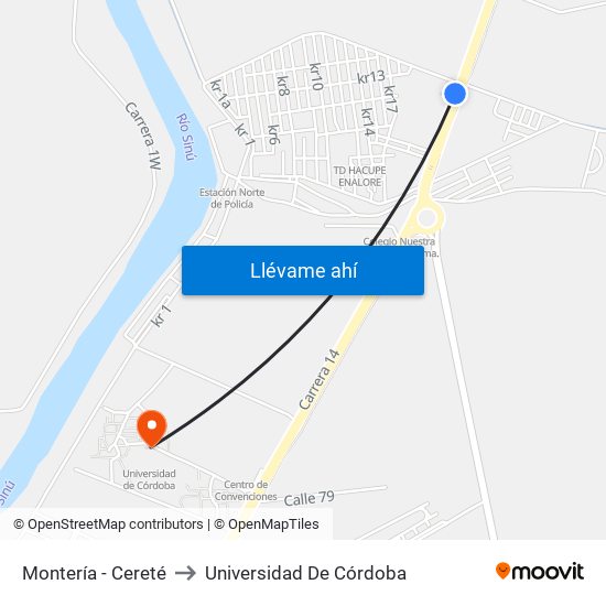 Montería - Cereté to Universidad De Córdoba map