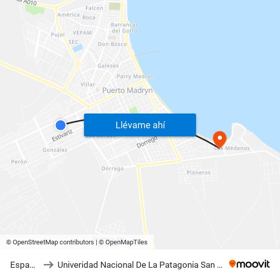 España 2451 to Univeridad Nacional De La Patagonia San Juan Bosco - Sede Puerto Madryn map