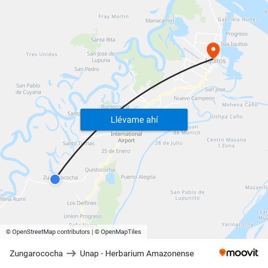 Zungarococha to Unap - Herbarium Amazonense map