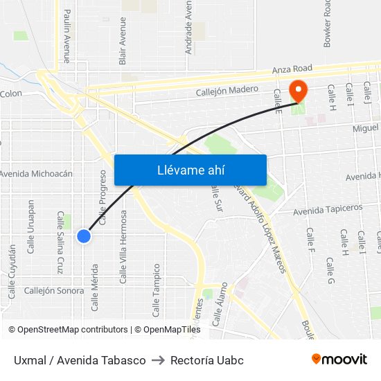 Uxmal / Avenida Tabasco to Rectoría Uabc map