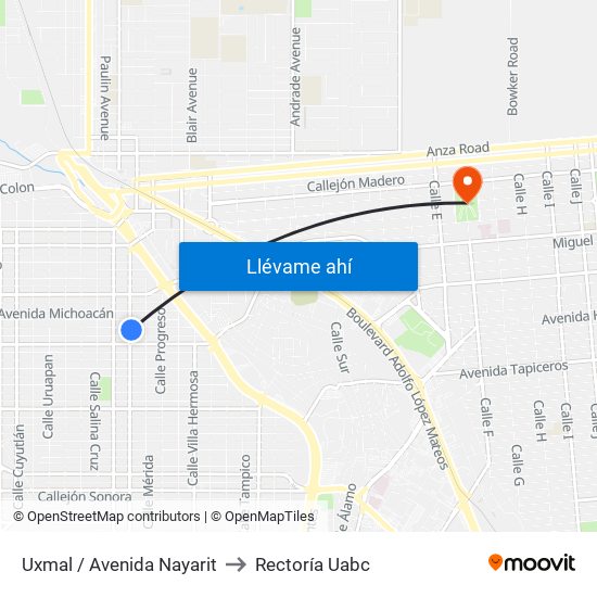 Uxmal / Avenida Nayarit to Rectoría Uabc map