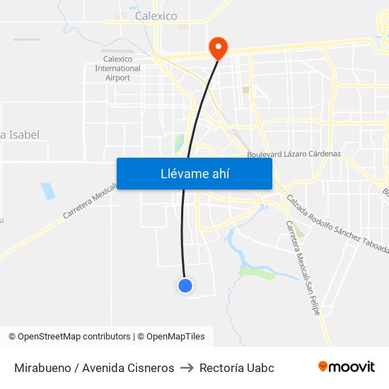 Mirabueno / Avenida Cisneros to Rectoría Uabc map