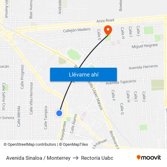 Avenida Sinaloa / Monterrey to Rectoría Uabc map