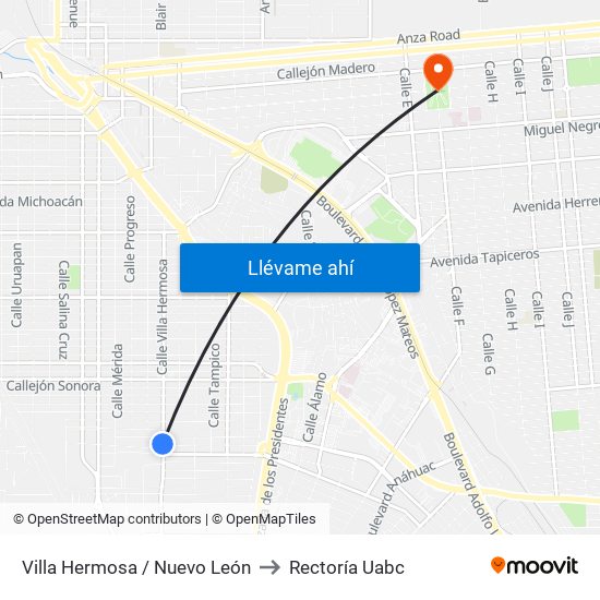 Villa Hermosa / Nuevo León to Rectoría Uabc map