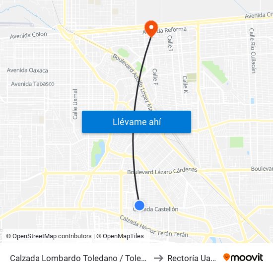 Calzada Lombardo Toledano / Toledo to Rectoría Uabc map