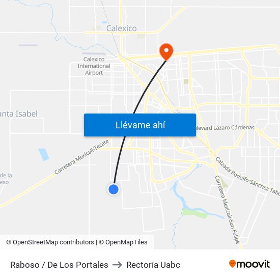 Raboso / De Los Portales to Rectoría Uabc map