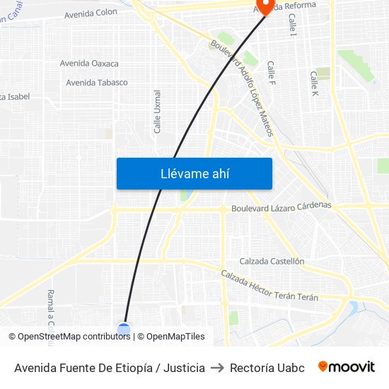 Avenida Fuente De Etiopía / Justicia to Rectoría Uabc map