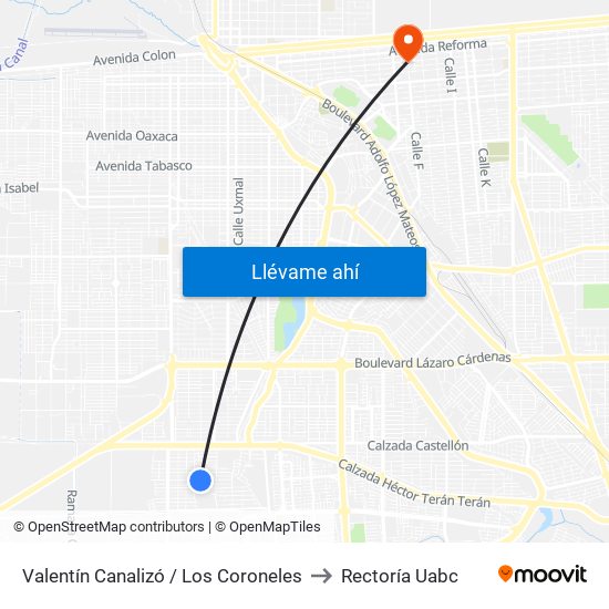 Valentín Canalizó / Los Coroneles to Rectoría Uabc map