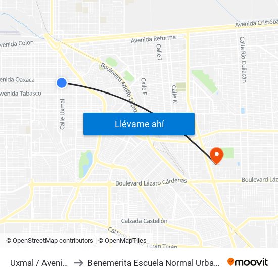 Uxmal / Avenida Puebla to Benemerita Escuela Normal Urbana Federal Fronteriza map