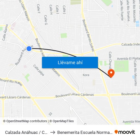 Calzada Anáhuac / Calzada Independencia to Benemerita Escuela Normal Urbana Federal Fronteriza map