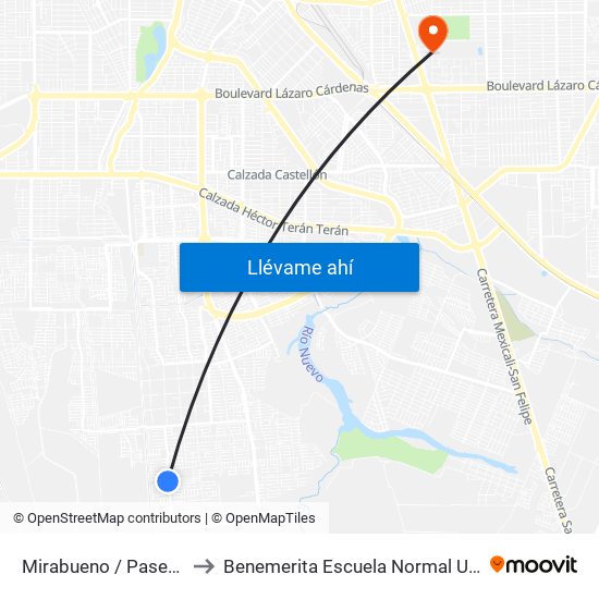 Mirabueno / Paseo Del Centenario to Benemerita Escuela Normal Urbana Federal Fronteriza map