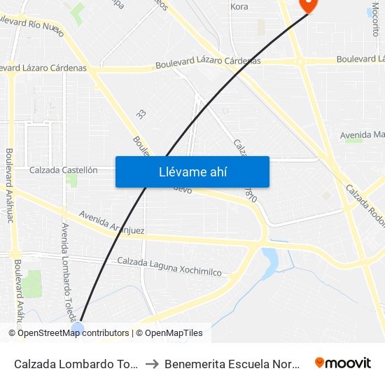 Calzada Lombardo Toledano / Catanzaro Norte to Benemerita Escuela Normal Urbana Federal Fronteriza map