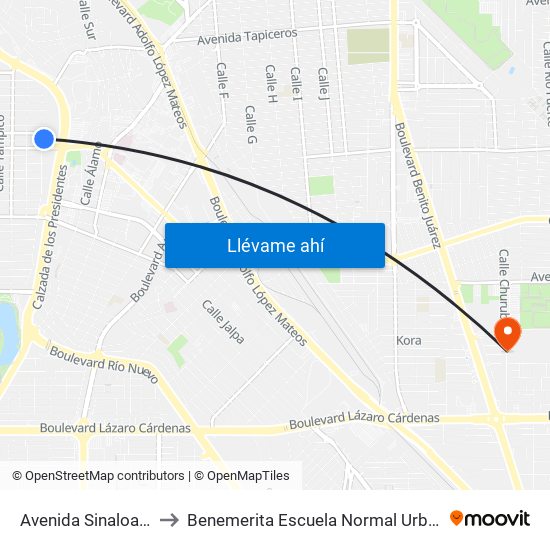 Avenida Sinaloa / Monterrey to Benemerita Escuela Normal Urbana Federal Fronteriza map