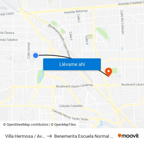 Villa Hermosa / Avenida Chihuahua to Benemerita Escuela Normal Urbana Federal Fronteriza map